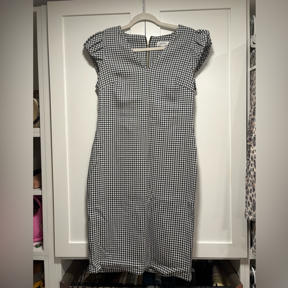 Calvin Klein Black and White Gingham Midi Dress